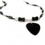 Necklace, Wood Guitar Pick Painted Black On A..