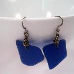 Earrings, Bright Blue Beach Glass Earrings,..
