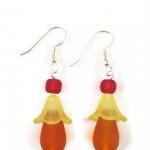 Earrings, Orange Red Beach Glass, Yellow Lucite..