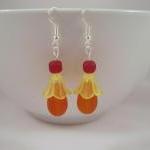 Earrings, Orange Red Beach Glass, Yellow Lucite..