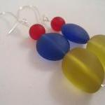 Earrings, Red Blue Yellow Sea Glass, Beach Glass..