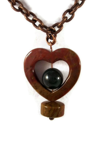 Necklace, Ocean Jasper Gemstone Heart Shaped Pendant With Bloodstone Bead
