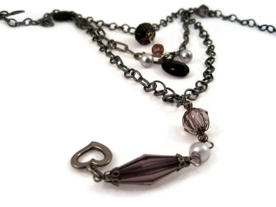 Necklace, Three Strand Chain Necklace With Heart Charm, Smoky Quartz Gemstone, And Crystal Pearls