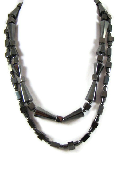 Necklace, Beaded Necklace With Two Metallic Silver Hematite Strands