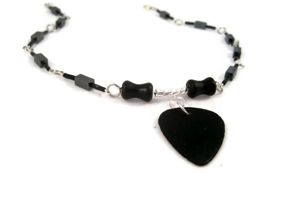 Necklace, Wood Guitar Pick Painted Black On A Beaded Chain With Metallic Silver Hematite Stones