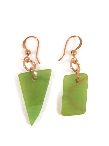 Earrings, Light Green Beach Glass, Sea Glass, Recycled Glass On Copper Fish Hook Wires
