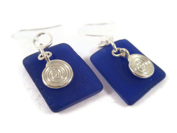 Earrings, Dark Blue Beach Glass, Recycled Glass, Sea Glass With Silver Spiral Charm