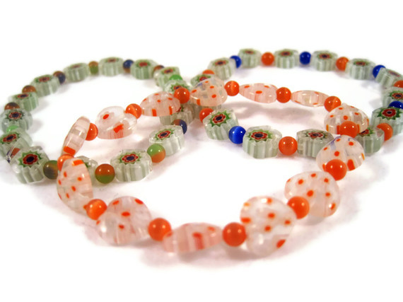 Bracelets, Classic Venetian Millefiori Glass Beads With Round Cats Eye Beads