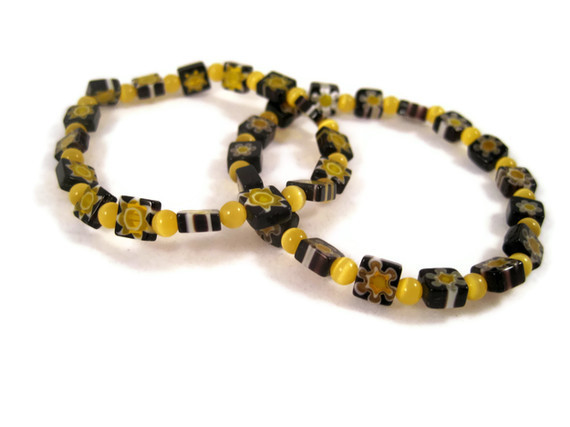 Bracelets, Classic Venetian Millefiori Black Square Glass Beads With Round Yellow Cats Eye Beads