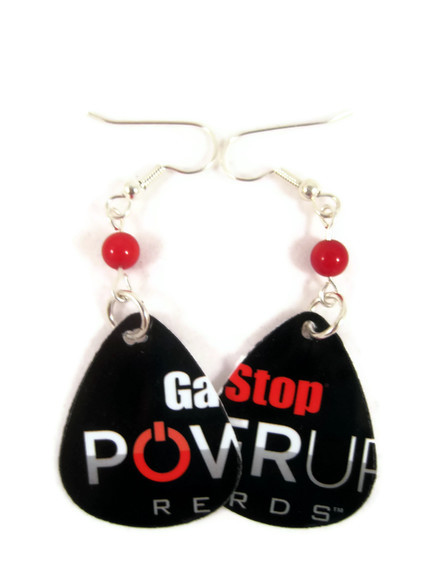 Earrings, Recycled Jewelry Made From Guitar Picks Punched From Game Sop Rewards Card, Black And Red