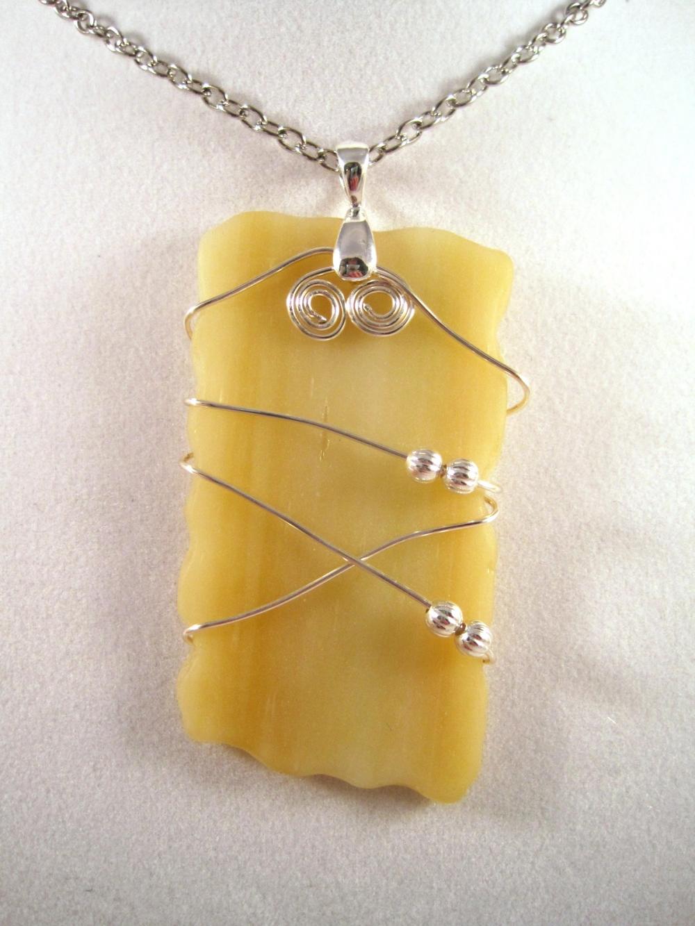 Necklace, Yellow Beach Glass Jewelry, Sea Glass Pendant Wrapped With