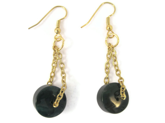 Earrings, Ocean Jasper Gemstone Earrings, Drop Earrings Dangling From Gold Chains, Round Donut Jasper Beaded Earrings