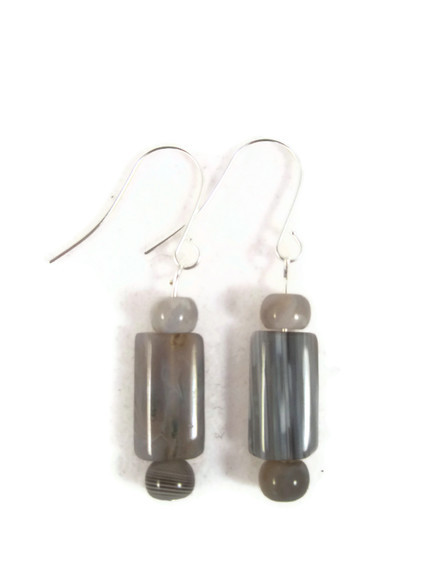 Earrings, Botswana Agate Gemstones, Grey Blue Rectangle And Round Stones With Silver Earrings