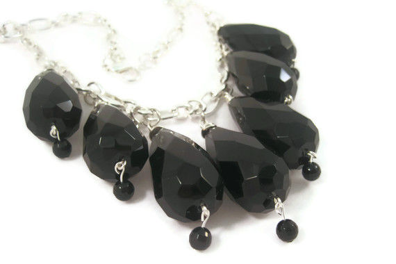 Necklace, Black Obsidian Oversized Statement Necklace With Black Onyx On A Silver Chain