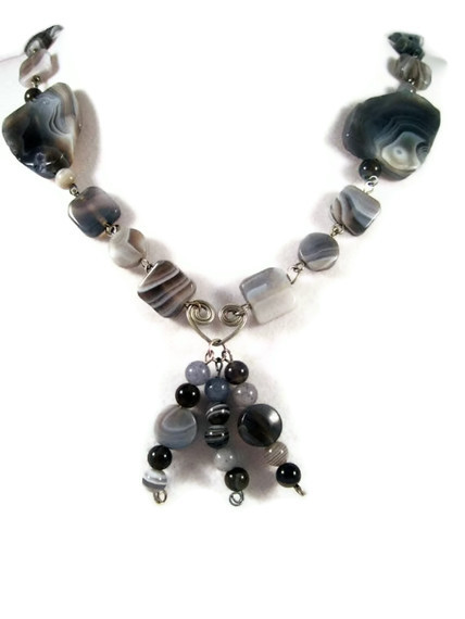 Necklace, Botswana Agate Gemstones With Wire Wrapped Heart, Blue, White, Grey And Black Gemstones On Beaded Necklace
