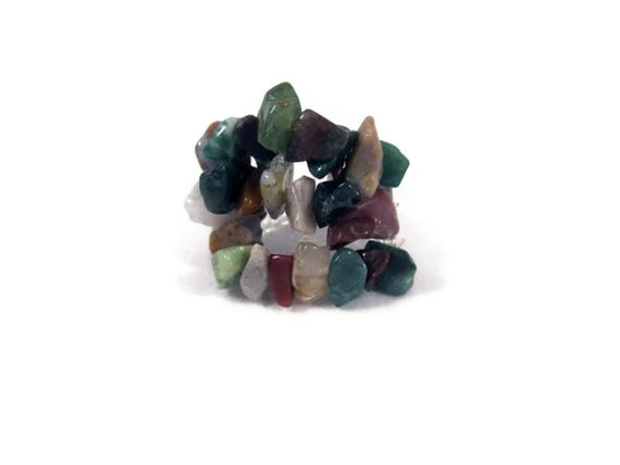 Ring, Stretchy Tourmaline Gemstone Three Strand Ring With Blue, Green, And Red Gemstone Chips