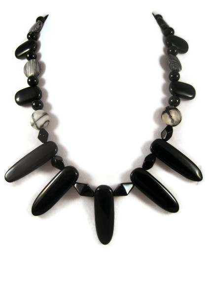 Necklace, Zebra Jasper Gemstones And Black Onyx Stone Necklace With Bib Like Or Fanned Style Design