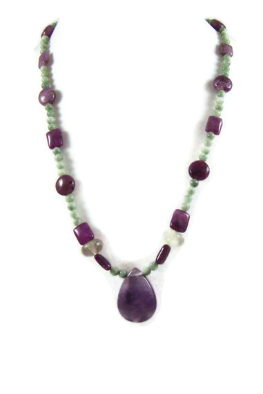 Necklace, Fluorite Purple Teardrop Pendant On Fluorite Beaded Necklace With Silver Lobster Clasp