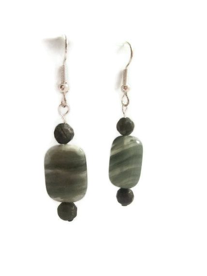 Earrings, Green Jade Gemstones Dangle Earrings With Silver Fish Hook Wires