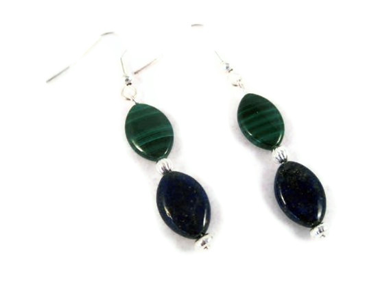 Earrings, Blue Lapis And Green Malachite Gemstone Dangle Earrings On Silver Fish Hooks