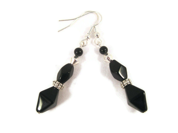 Earrings, Black Obsidian Gemstone Dangle Earrings With Metal Spacers On Silver Fish Hooks