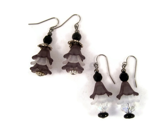 Earrings, Black Grey Lucite Flowers On Gunmetal Hooks With Clear Glass And Black Glass Beads