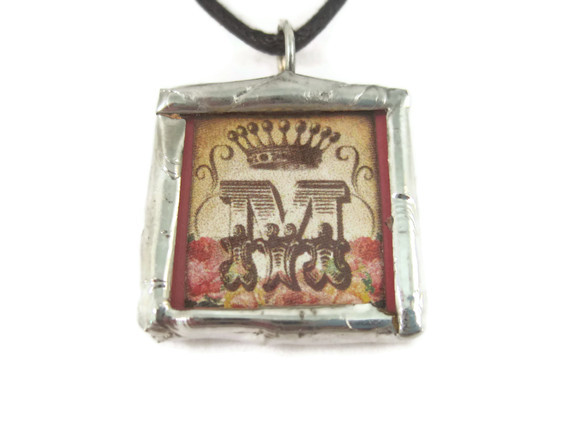 Necklace, Soldered Pendant With Letter M, Customize Or Personalize With Your Initial, Double Sided Bohemian Shabby Chic