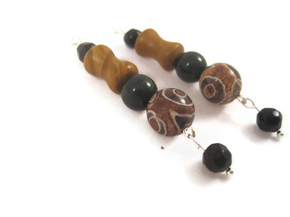 Earrings, Long Tibetan Agate Earrings With Wooden Beads, Green Jade Gemstones, And Green Adventurine Stones On Silver Fish Hook Earrings
