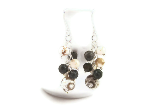 Earrings, Cascading Dangle Silver Earrings With White Crackle Agate, Faceted Green Jade, And White Turquoise Gemstones
