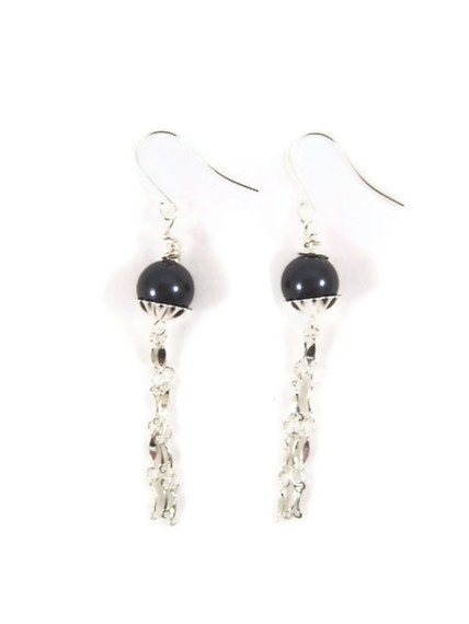 Earrings, Swarovski Blue Crystal Pearls With Delicate Silver Chains On Silver Fish Hook Earrings