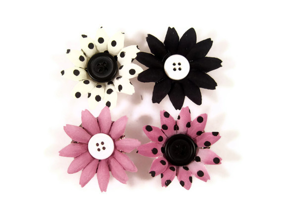 Magnets, Handmade Decorative Magnets, Flower And Button Bottle Cap Magnets, Black, White, Black Raspberry, Polka Dots