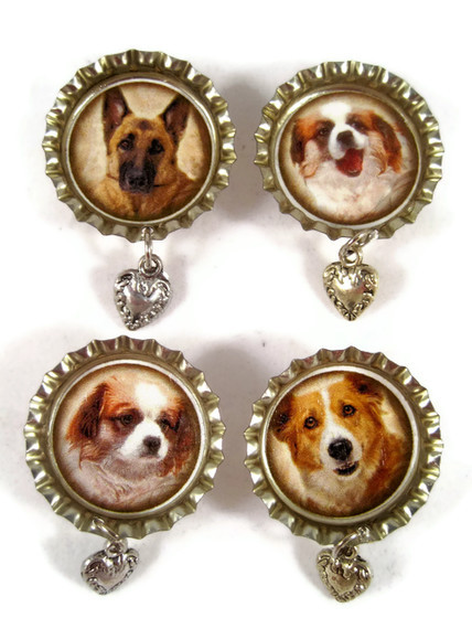 Magnets, Set Of Bottle Cap Magnets With Dog Images And A Dangle Metal Heart Charm