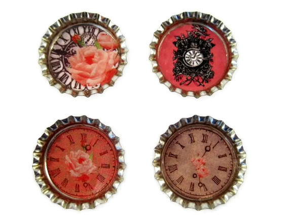 Magnets, Bottle Cap Magnet Set With Shabby Chic Clocks Images, Bottle Cap Art
