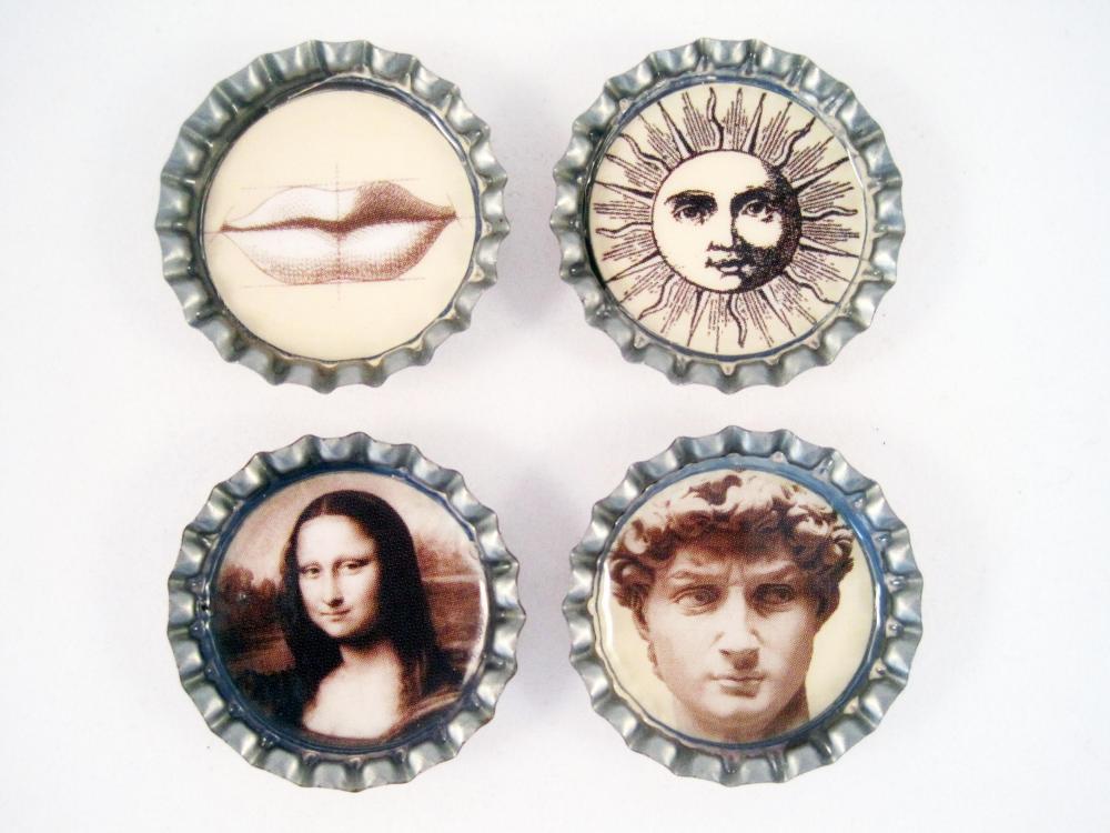 Magnets, Set Of Four Bottle Caps With Renaissance Art Images