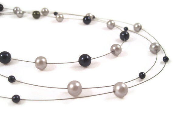 Necklace, Illusion Crystal Pearl Necklace, Floating Multi-strand Midnight Blue And Grey Swarovski Pearls