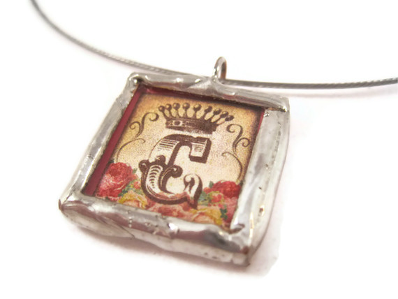 Necklace, Soldered Pendant With Initial C, Shabby Chic Glass Pendant With Letter C, Princess Crown