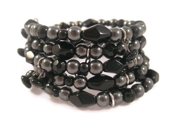 Bracelet, Hematite Wrap Bracelet, Metallic Silver Adjustable Bracelet With Jet Black Disc Beads And Faceted Black Obsidian