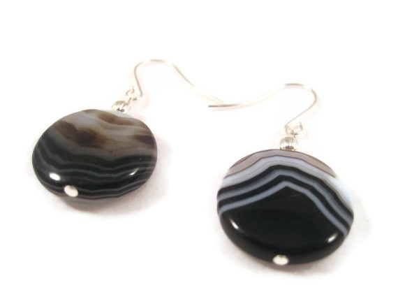 Earrings, Black Line Agate Gemstones, Round Agate Gemstones On Silver Ear Wires, Black, White, And Beige, Striped Stone