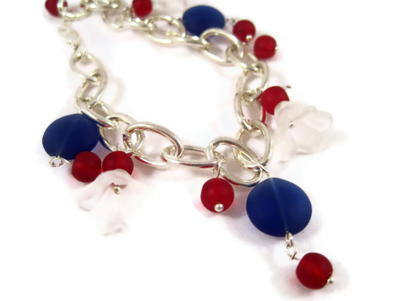 Bracelet, July 4th Or Team Usa Olympic Bracelet With Red Beach Glass, Blue Sea Glass, And White Lucite Flowers On Silver Cable Chain