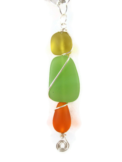Necklace, Wire Wrapped Beach Glass, Green Yellow Orange Sea Glass Pendant