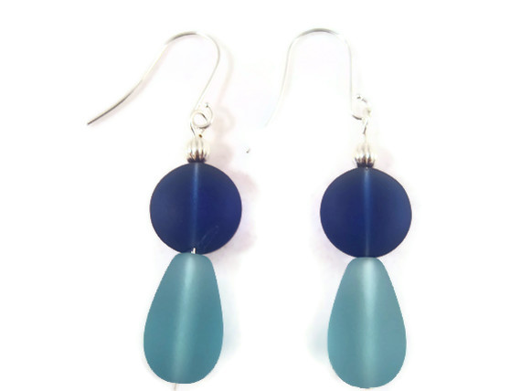 Earrings, Light Blue Dark Blue Sea Glass, Beach Glass Dangle Earrings