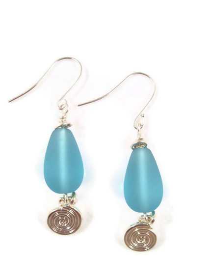 Earrings, Blue Sea Glass, Tear Drop Shaped Blue Beach Glass With Silver Spiral Charm
