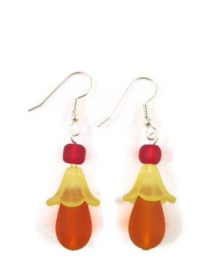Earrings, Orange Red Beach Glass, Yellow Lucite Flowers, Dangle Earrings, Bright Sunshine, Summer