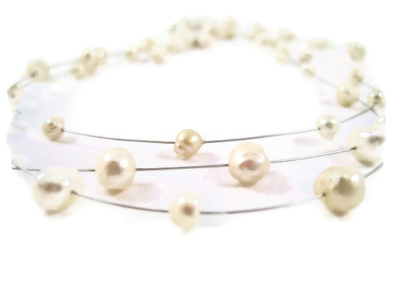 Necklace, Freshwater Pearls, Natural Cream Pearls, Multi Strand Illusion Necklace