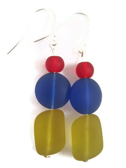 Earrings, Red Blue Yellow Sea Glass, Beach Glass Earrings, Disney Colors, School Colors