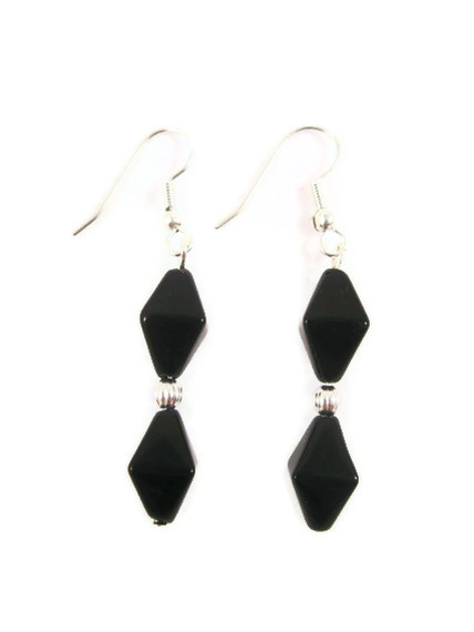 Earrings, Dangle Diamond Black Obsidian Stones On Silver Earrings